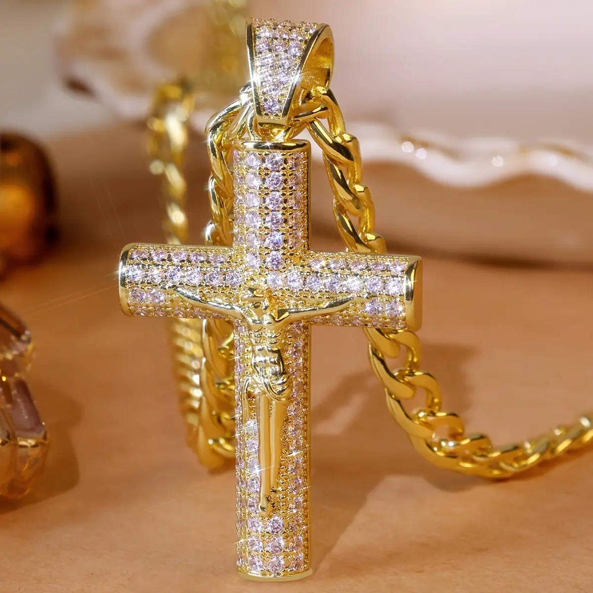 MaxBling81 Unisex Hip Hop Moissanite Cross Necklace, High Quality Gold/Silver Plated Pendant with 7mm 20" Stainless Steel Cuban Link Chain, Birthday Gift, Daily, Cross Shape, Spiritual Jewelry, 51Mm X 33Mm