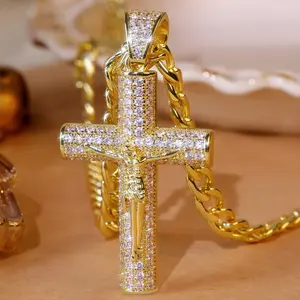 Hip Hop Gold / Silver Plated Jesus crucifixion Cross Moissanite Pendant & 7mm 20" Stainless Steel Cuban Chain Necklace Daily Birthday Male Anniversary