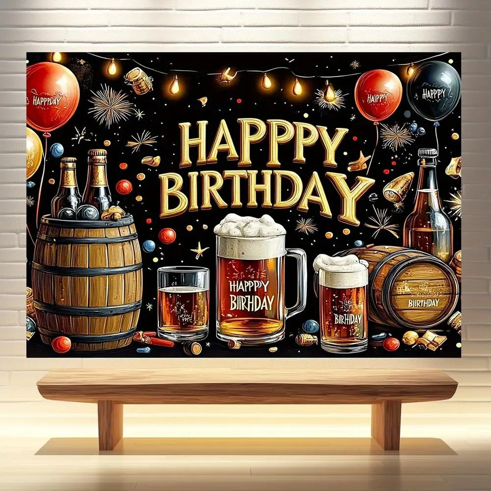 1-Piece Whisky Theme Decoration Banner, Black-Golden Polyester Party Backdrop with Happy Birthday Text & Balloon Decor, Indoor Home Festive Ceremony Ornament