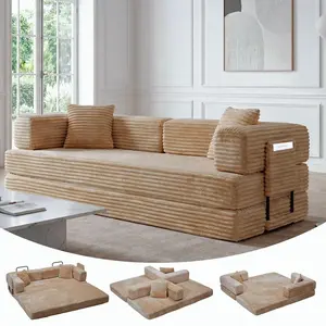 80.7 Inch 5-in-1 Multipurpose Convertible Corduroy Sofa Bed Folding Couch with Storage Pocket 4 Sturdy Fixed Frame and 2 Soft Pillows No Assembly Required Space Saving Comfort Furniture for Living Room Bedroom Apartment Dorm