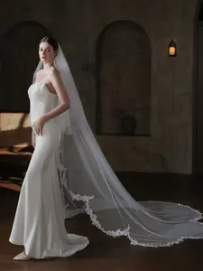 Elegant chapel wedding veil floral lace wedding veil with blusher, double layered long bridal veil, ivory veil, soft tulle veil, bridal mantilla veil