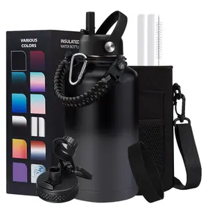 Half Gallon Water Bottle 64 oz with Straw - 1/2 Gallon  with Paracord Handle,  Sleeve with Strap, Keep Cold 48H & Hot 24H, Stainless Steel Half GallonJug for Sports Gym Wor