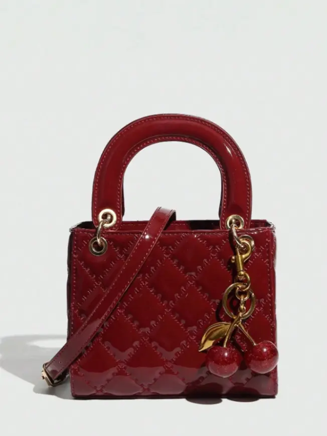 Aesthetic Women's Handbags, Chic Glossy Quilted PU Leather Top Handle Crossbody with Fruit Charm for Coffee Date, Artificial Leather Women's Handbags
