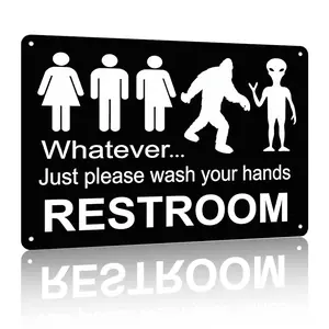 12x8 Inch Aluminum Metal Sign, Funny Restroom Wall Decor - "Whatever... Just Please Wash Your Hands" Bigfoot & Alien Themed Humorous Bathroom Sign