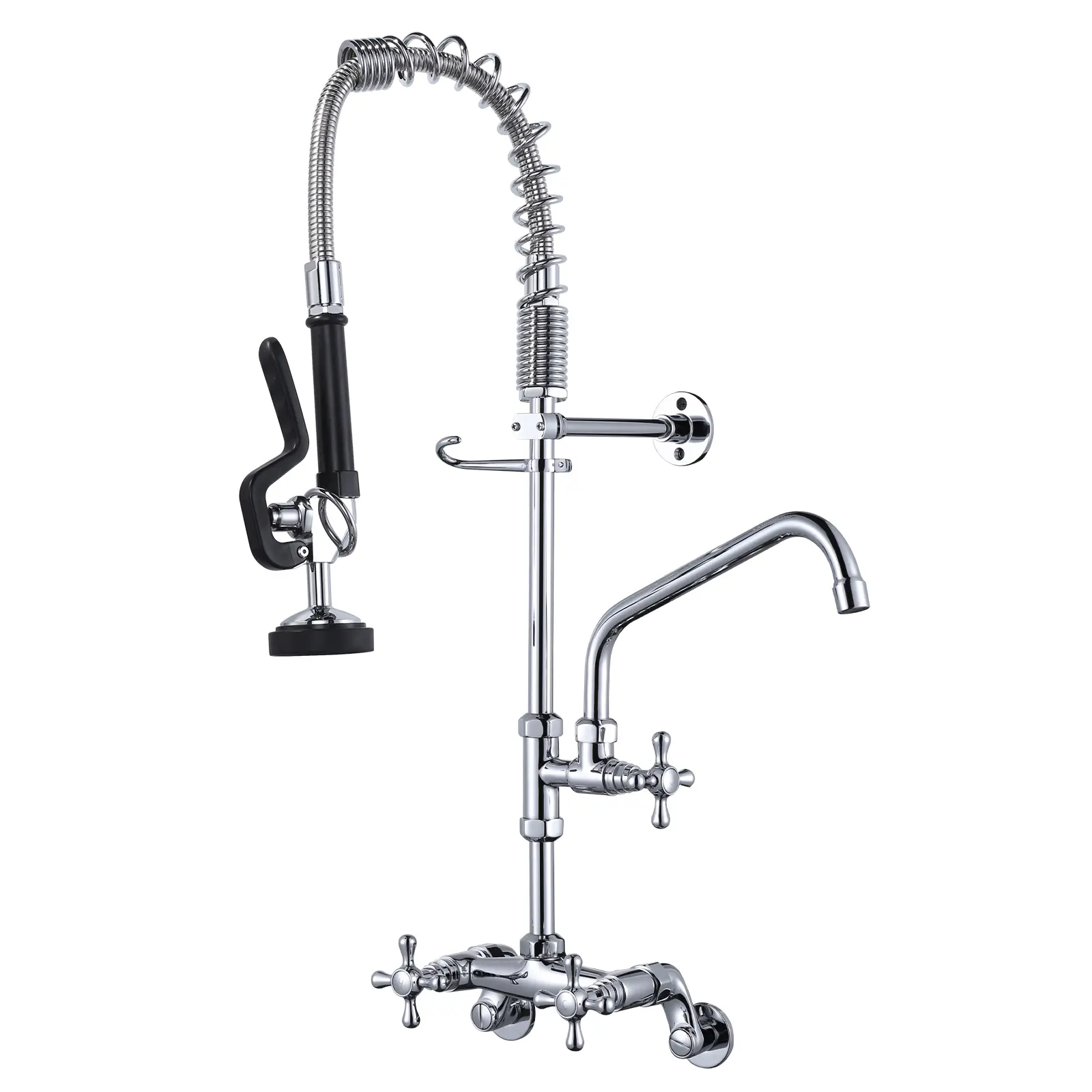 WOWOW Brass Commercial Kitchen Wall-Mount Double Handle Faucet - 26" Height, 4"-9" Adjustable Center, 10" Add-On Swing Spout, Coiled Spring Pull-Down Pre-Rinse High Pressure Sprayer, Durable Multi-Purpose Splash Proof Fixture for Schools