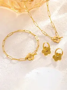 Women's Stainless Steel Flower Ot Clasp Necklace Bracelet Earrings Set, Casual Plain Floral Design Jewelry Gift for All Seasons, Elegant Jewelry Set