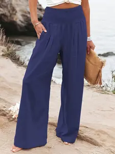 Women's Beach Vacation Casual Style Wide Leg Pants, High Waist Elastic Design, Slimming Droop, Comfortible for Daily Wear, Bottom
