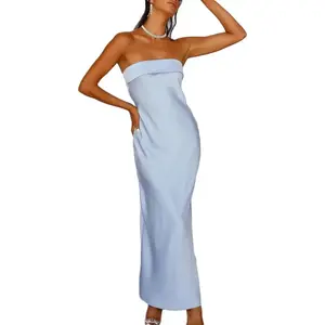 Silk Backless Tube Tops Maxi Dress for Women Low Back Hollow Out Elegant Strapless Long Dresses Wedding Guest