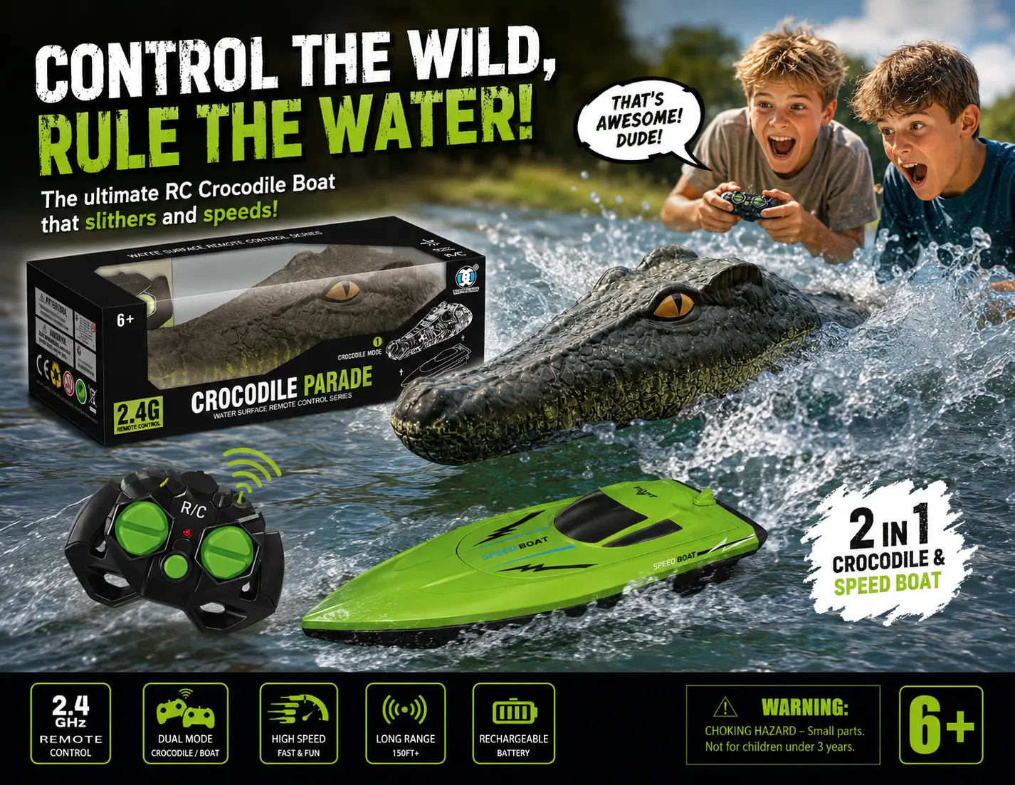 2-in-1 RC Crocodile Boat – Transforming Remote Control Speed Boat with Realistic Crocodile Design, High-Speed Water Racing Toy for Kids & Adults