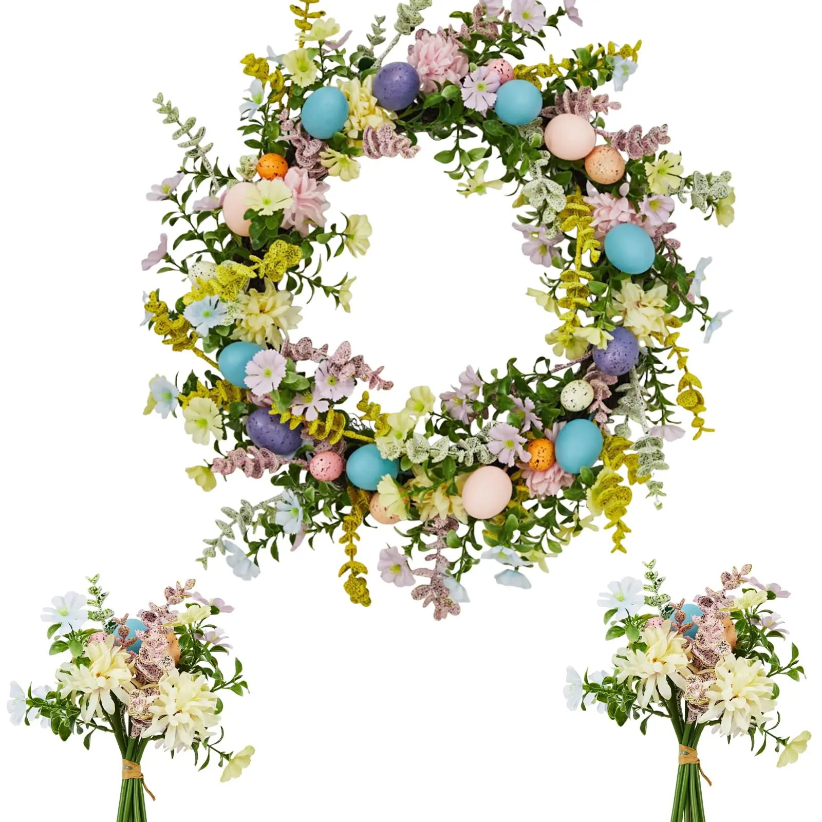 Garvee Colorful Easter Egg Wreath for Front Door - 24 Inch Artificial Spring Floral Wreath with Real Rattan Base, Lush Greenery, 2 Matching Bouquets, Farmhouse Decor, 24inch