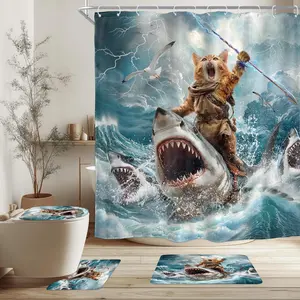 1/4 Pcs Funny Cat Shower Curtain Riding Shark Riding Shark Surfing Beach Ocean Waves 70Wx70H Inch Hilarious Fabric Decor Bathroom Rug Set Bath Mats Nonslip Washroom Decor Shower Accessories