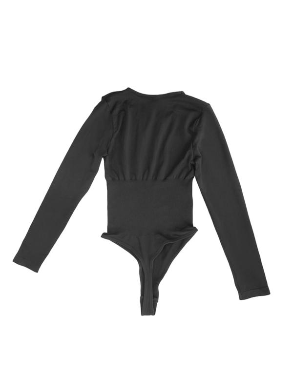 Women's Solid Round Neck Long Sleeve Shapewear Bodysuit, Body Sculpting Compression, Casual Comfy Tummy Control Bodysuit for Daily Wear, Women's Shapewear for All Seasons