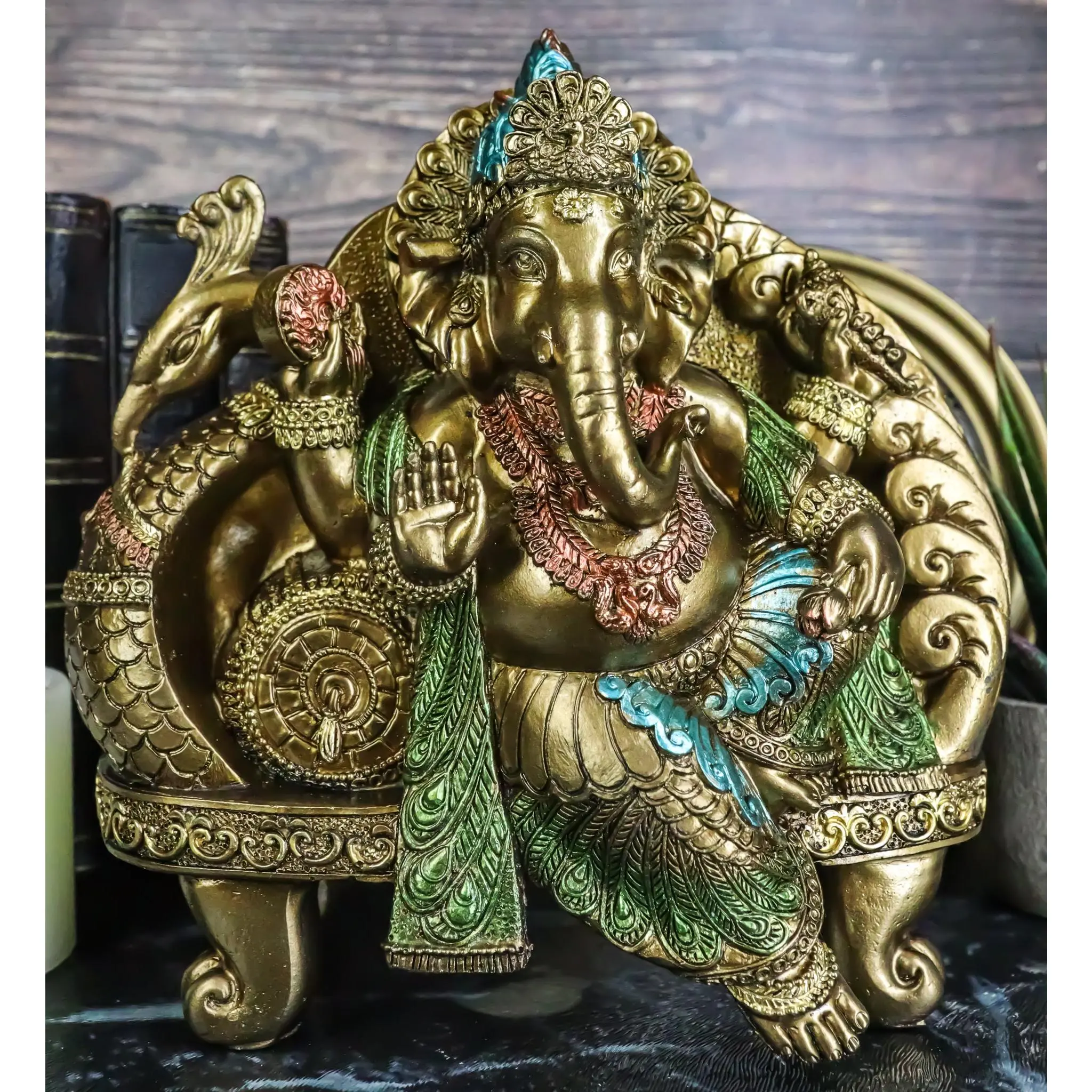 Vastu Hindu God Ganesha Ganapati Seated On Peacock Bird Train Throne Figurine