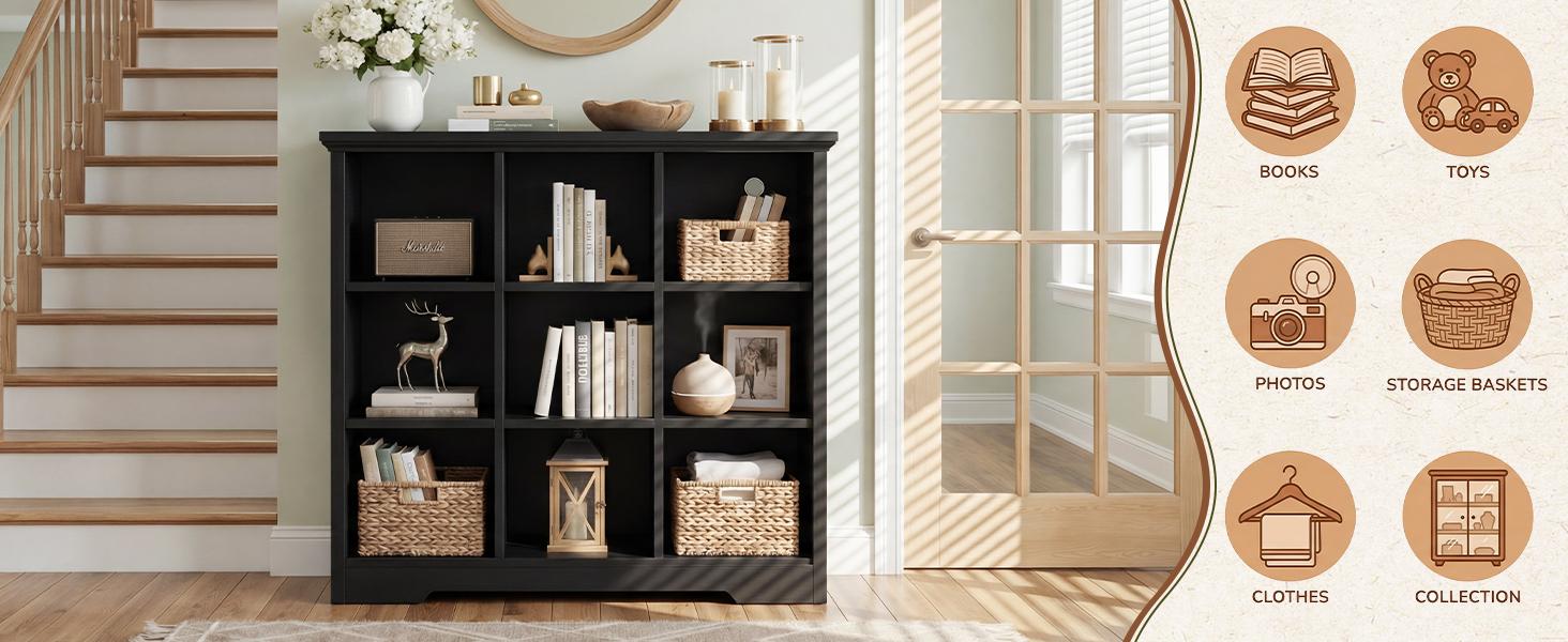 Wooden 9-Cube Storage Organizer with Charging Ports, Modern Cube Bookcase with Base, 4-Tier Floor Standing Open Cubbies Bookshelf for Home and Office