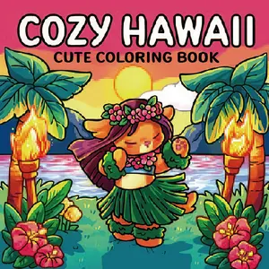 COZY HAWAII:Tropical Vacation Coloring Book, Cute Cartoon Style, Hawaiian Elements, Bright Colors, Exotic Atmosphere, Hula Dance, Palm Trees, Sunset