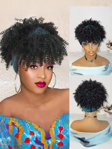 Kinky Curly Headband Wig Black Afro Headband Wigs Black Afro Puff Wig With Bangs Wrap Wrap 2 in 1 for Women Glueless Afro Wig Synthetic Half Wigs Synthetic Machine Wigs Synthetic Hair Wigs Convenient Wigs Synthetic Material Wigs Machine Made Wigs