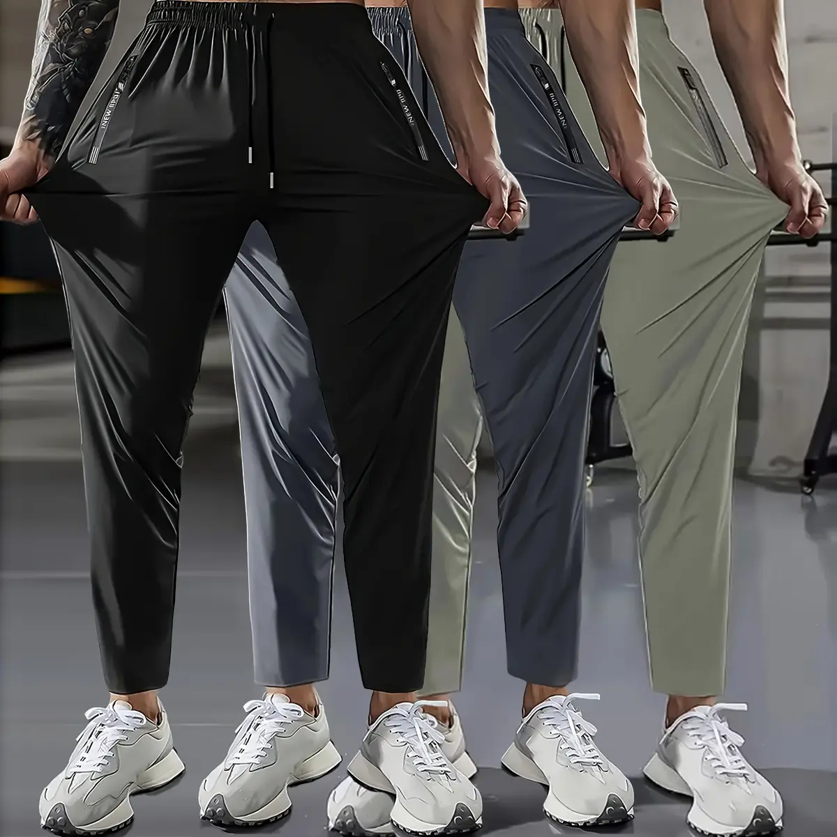 The 3-piece men's multi-color tapered pants series features elastic ankle straps and secure zipper storage design, perfectly suited for gym street style and daily casual wear  Menswear Trouser Bestie Motocross Beige Plain