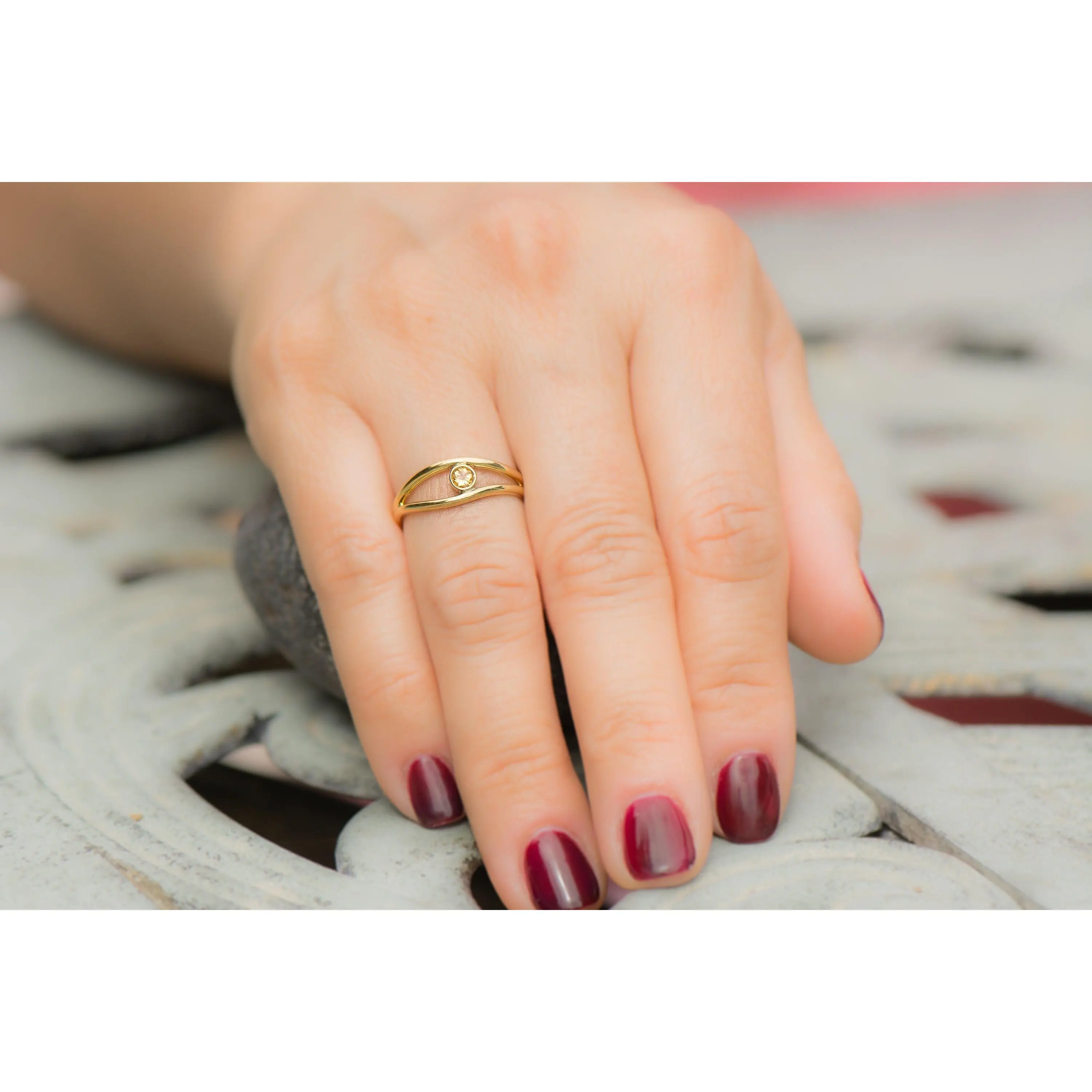 14k Gold Round Citrine Gemstone Wave Ring