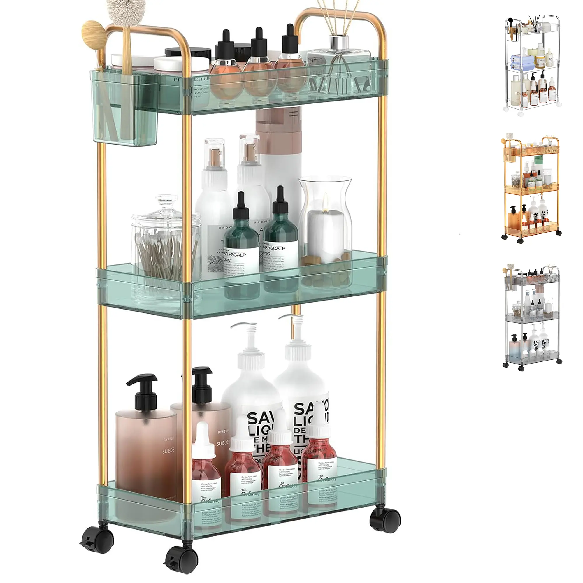 Acrylic Storage Rolling Cart 3 Tier Clear Bathroom Cart Organizer, Transparency Laundry Room Organization Mobile Shelving Unit Multifunction Rolling Utility Cart for Office Living Room