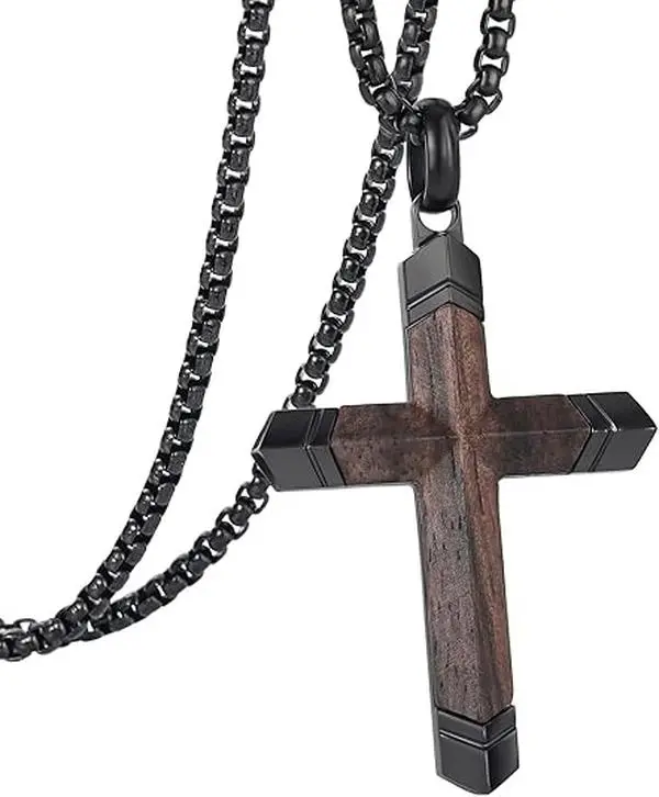 Men's Cross Necklace - Stainless Steel & Wood Adjustable Box Chain, Edgy Religious Pendant Necklaces with Metal Construction, Spiritual Everyday Jewelry Gift for Him, Stainless Steel Necklaces