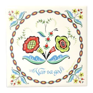 Tile: "Var sa god" Welcome with Swedish Flowers 6" Tile with Cork Backing and Hanger Trivet - Wall Decor