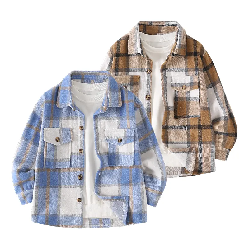 2-piece boy autumn plaid shirt coat 4-12 years old children's casual fashion Joker plaid coat Outerwear Coats Lapel Neckline Coat