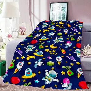 Space Astronaut Blanket Gift, Flannel Throw Blanket, Lightweight Soft Comfortable Nap Blanket, Star Moon Alien Pattern, Bedding for Kids Adults