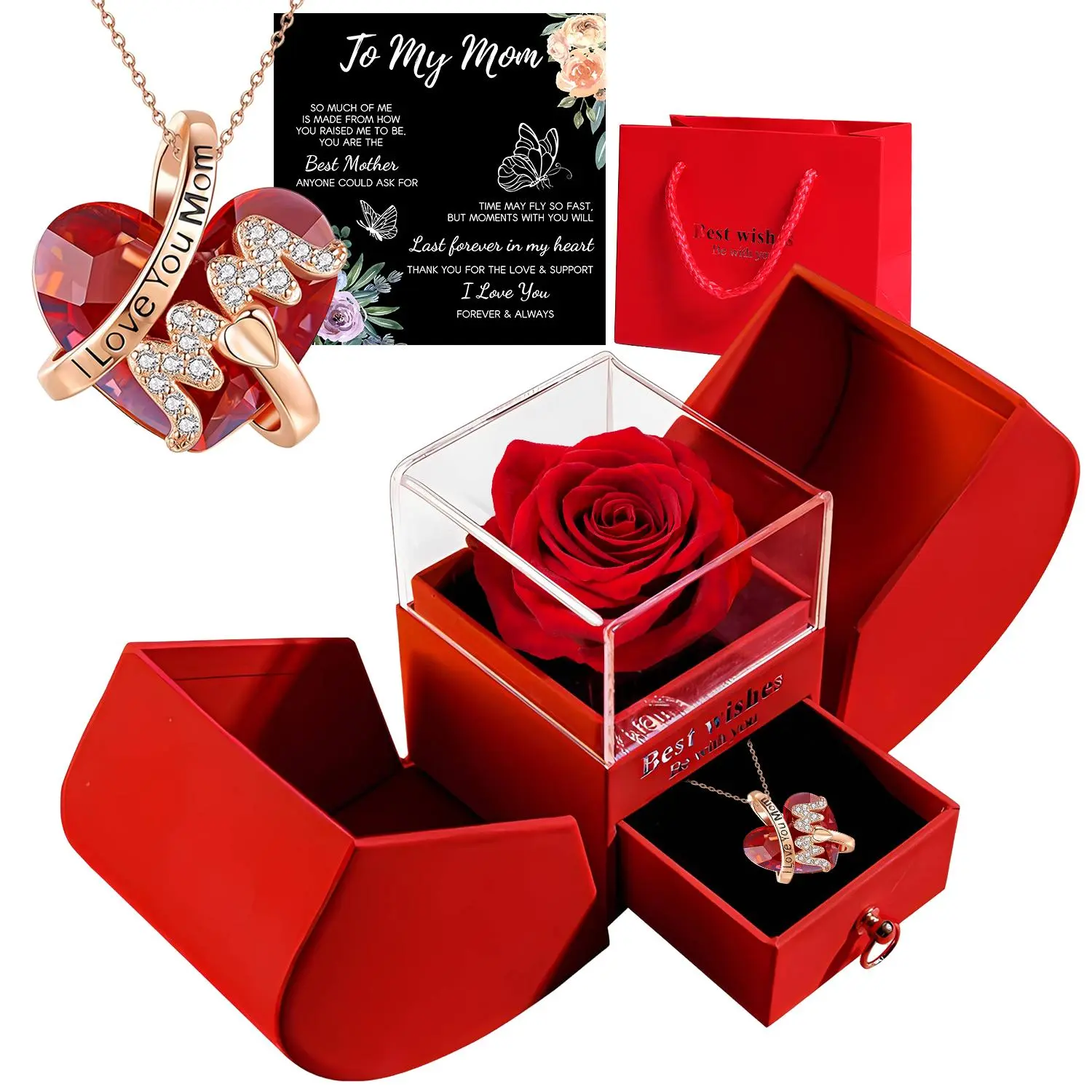 Artificial Rose Gift Set, 1 Set Romantic Rose Gift Box with Heart Necklace & Gift Bag & Gift Card, Gift for Mom, Wife, Grandma, Girlfriend, Daughter