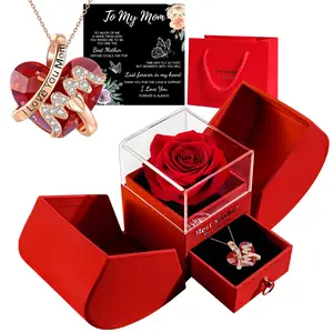Artificial Rose Gift Set, 1 Set Romantic Rose Gift Box with Heart Necklace & Gift Bag & Gift Card, Gift for Mom, Wife, Grandma, Girlfriend, Daughter