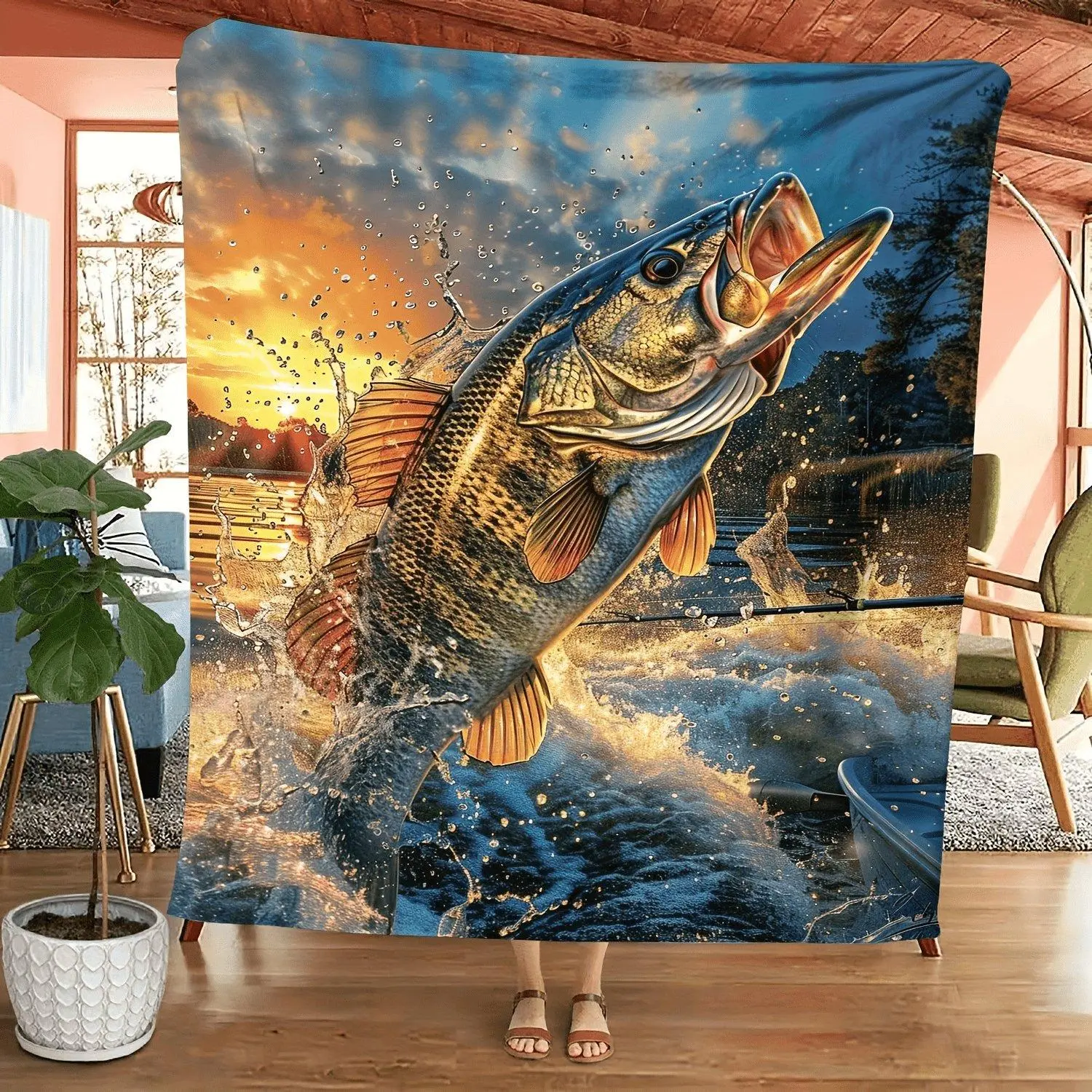 Large Soft Flannel Fleece Blanket with Dynamic Bass Fish Pattern Cozy Knitted Animal Themed All Season Throw Lodge Style Fishing Enthusiast Gift