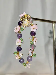 Purple Fluorite Flower 9MM Bracelet – Crystal Adjustable Stretch Gemstone Bracelet