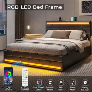 Sikaic Modern Design PU Leather Upholstered Bed Frame with 4 Storage Drawers LED Lighting Black