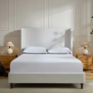 Tall Headboard Upholstered Bed Frame/ 54" High Headboard / Elegant Simplicity  / No Box Spring Needed / Easy Assembly / Queen / Cream White Chenille/
