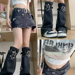 Y2K Retro Edgy Chic Washed Star Denim Subculture Slouchy Lace-Up Leg Warmers, Slimming Flared Sock Covers Trendsetting Style