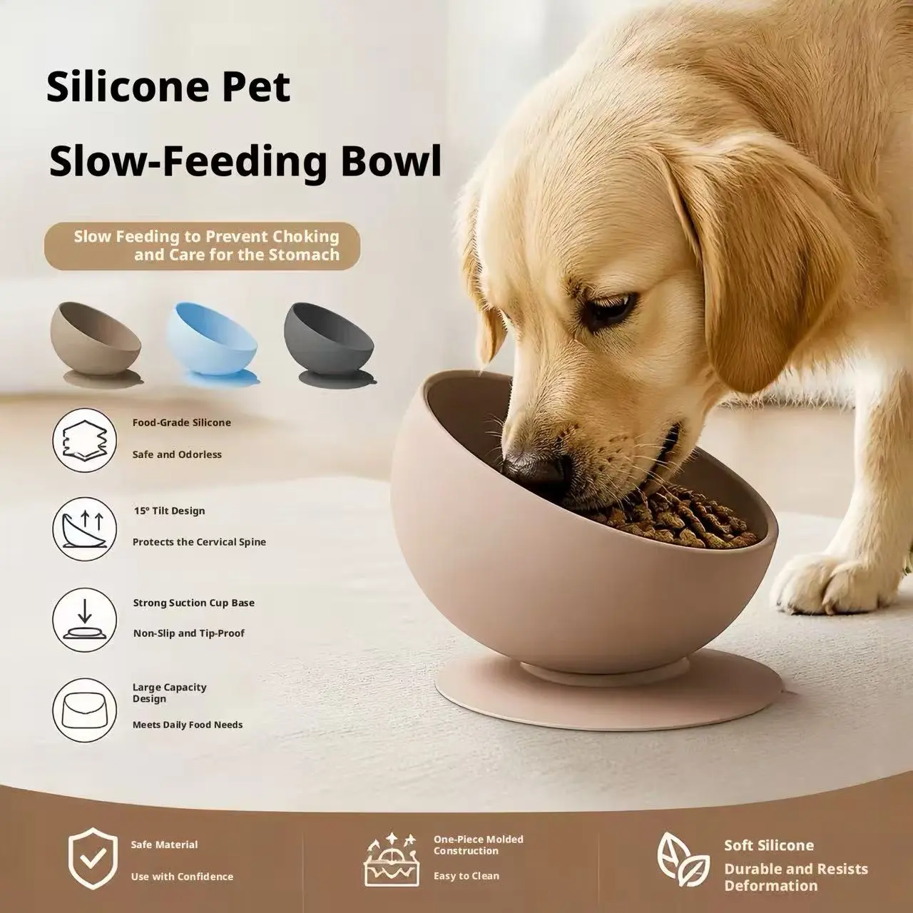 Silicone Slow Feeder Bowl with Strong Suction Cup, 15° Tilted Pet Food Bowl for Cats and Dogs – Anti-Choke Non-Slip Slow Eating Dish, Ergonomic Neck Support, BPA-Free Food-Grade Silicone, Easy Clean Steel Stainless Anti-tip Eco Pet Feeder 2 in 1