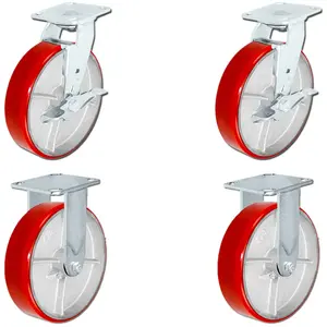 CasterHQ Set of 4 Heavy Duty Casters - 8" x 2". Heavy Duty Caster Set with Red Polyurethane on Steel Wheels, 1,250 pounds Capacity per Caster, 8" Size, Heavy Duty 4 Pack Toolbox Set Replacements