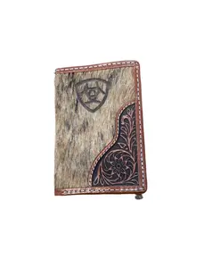 Ariat Men's Trifold Wallet - Genuine Calf Hair Leather with Floral Overlay & Shield Logo, Durable Western Men's Wallet, Compact Everyday Carry, Organized Interior with Cash Compartment, Genuine Leather Wallet