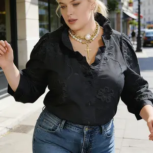 Cherrybetty Elegant Embroidered Flower Ruffle Neck Puff Sleeve Cotton Top Women Casual Style Vintage Blouse Cute Fall Outfits for Womenswear