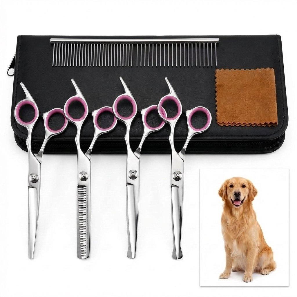 Professional 5-in-1 dog grooming scissors set, with safety round tips, made of stainless steel, sharp and durable. Also suitable for cat grooming.