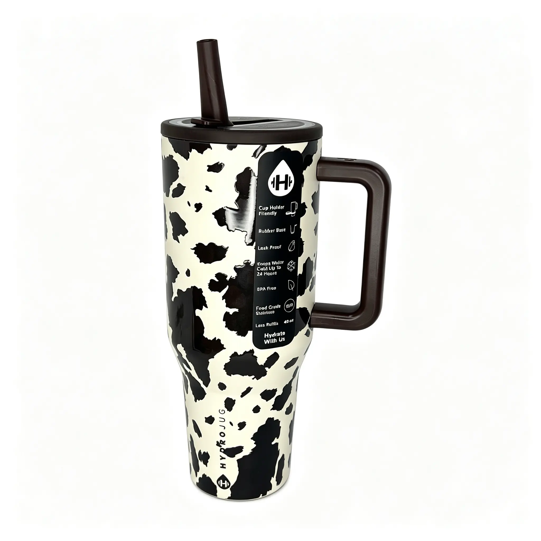 HydroJug 40oz Classic Black/White Cow Pattern Insulated Water Bottle With Black Handle & Straw, Leak-Proof Design, 24-Hour Cold Retention, Car Cup Holder Compatible, Ideal For Fitness, Travel & Outdoor Activities