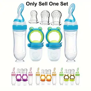 Professional Baby Feeding Set, 7 Piece Silicone Bottle Spoon, Squeeze Food Dispenser Utensil Kit, Silicone Utensils Set