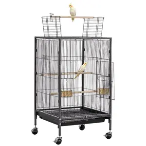 VEVOR Bird Cage, 18x 18x 30 inch, Open Flat Top, Wrought Iron Bird Flight Cage with Perches, Slide-Out Tray and Plastic Feeders, Casters, for Parrot, Blue Tit, Cockatiel, Canary, Budgerigar, Conure