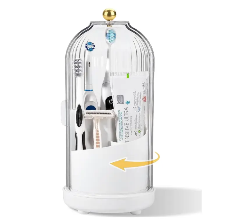 Multifunctional Bacteria-Isolating Toothbrush Holder - 3-Slot Dustproof Bathroom Sink Organizer with Rotatable 360° Sliding Cover, Glass Dome, Metal Base, and Waterproof Hidden Storage