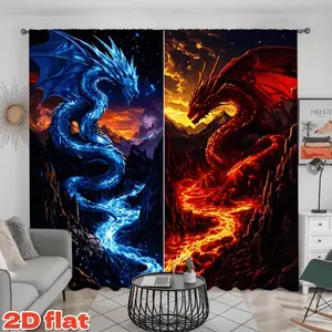 2D Flat 2Pcs Dragon Print Curtain Panel, Ice and Fire Theme, Pole Pocket Style, Semi Sunshade, for Home Living Room Bedroom Balcony Kitchen Study Window Decor, Holiday Gift, Anti-Privacy, Home Textile.