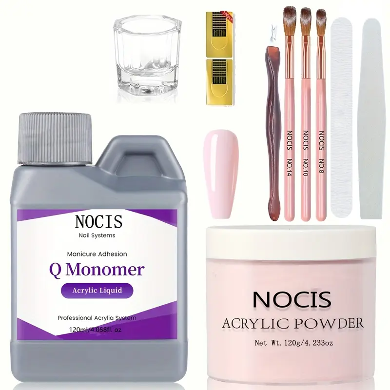 NOCIS Acrylic Nails Kit Set - 120g Pink Acrylic Powder, MMA-Free Liquid Monomer, 10 Professional Basic Manicure Tools for Beginners, Salon & Home Use Nail Art Kit