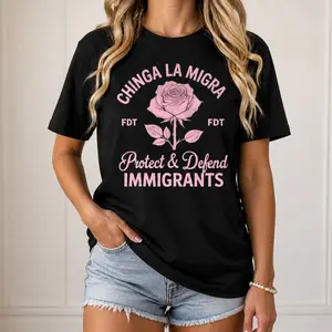 "Chinga La Migra - Protect & Defend" Raglan T-Shirt - Immigrant Rights Statement Top - Pink Rose Graphic Aesthetic Apparel - Soft Breathable Graphic Shirt - Unique Professional Detail Crew Neck Tee