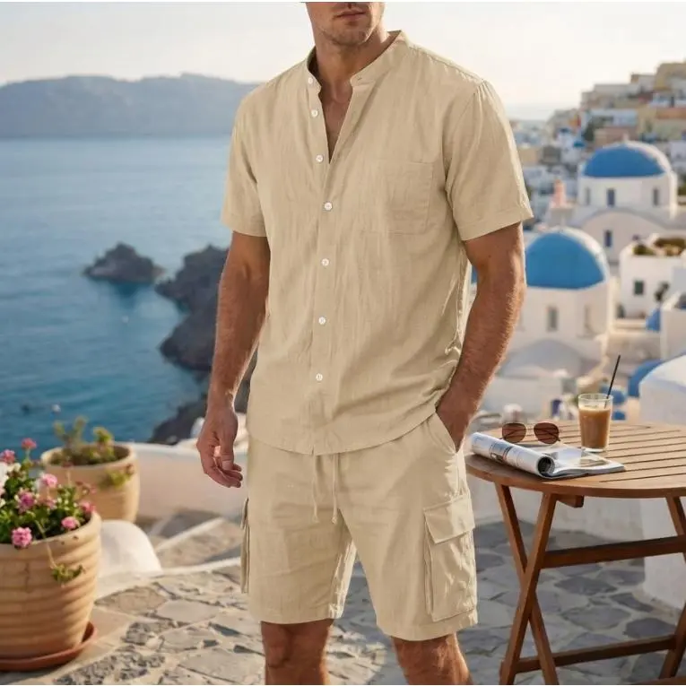 Men's 2-Piece Linen Blend Short Sleeve Shirt and Cargo Shorts Set – Casual Button Down Top with Chest Pocket & Matching Drawstring Cargo Shorts for Beach Vacation & Daily Wear (Light Blue, White, Black, Khaki, Grey)