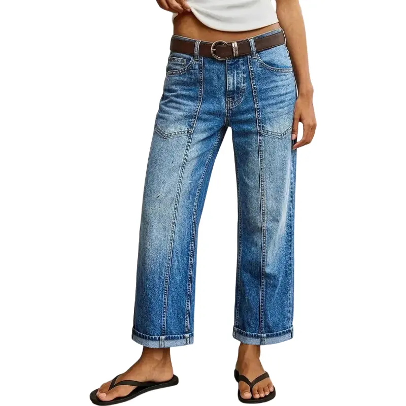 Flamingals Wash Seam Front Patch Pocket Mid Rise Wide Leg Crop Jeans Without Belt Stretchy 25.0'' Inseam