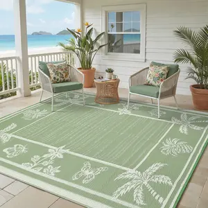 Garvee Outdoor Rug with Tropical Leaf Pattern for Both Indoor and Outdoor Use Double-sided Reversible Plastic Straw Rug Foldable Easy to Clean for Picnics Patios Beaches Balconies and RVs waterproof patio rug