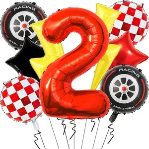 Cartoon Race Car Balloon Set, 40-Inch Red Number 2 & Lightning Balloons for Boys' Birthday